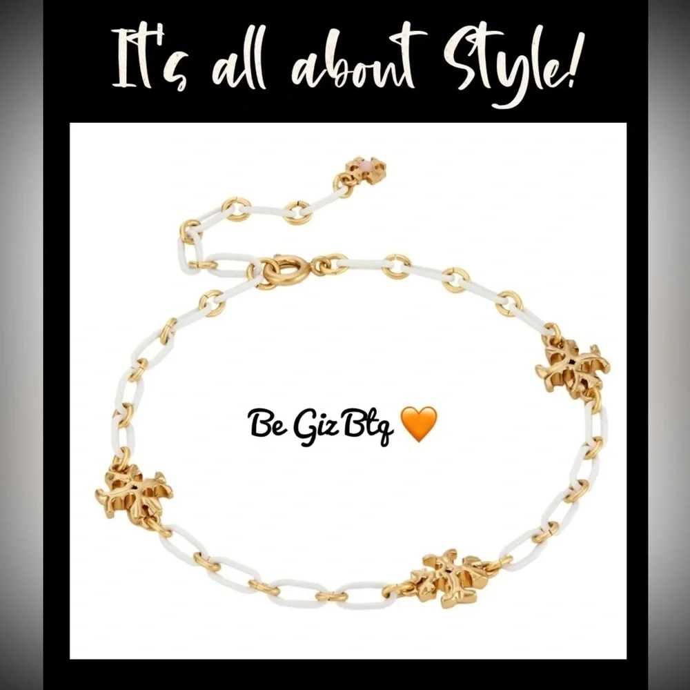 🆕Tory Burch Authentic Roxanne-Gold-Plated & Ivory Acrylic Logo Chain Bracelet